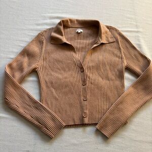 Aerie Ribbed Collared Button Cardigan Tan Cropped Sweater Size L | Cozy Chic